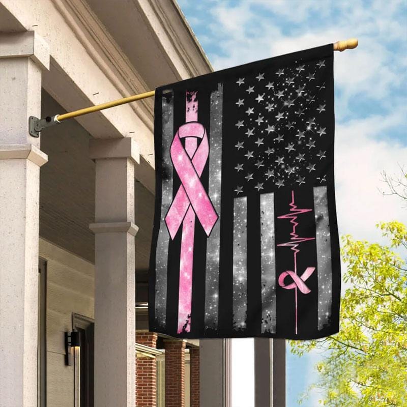 Pink Ribbon Line & Heartbeat American Flag - Breast Cancer Awareness House Flag 0822