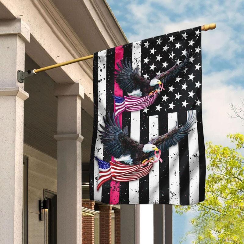 Pink Ribbon Line Eagle American Flag - Breast Cancer Awareness House Flag 0822