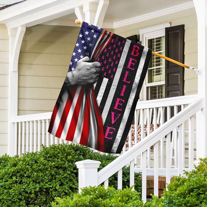 Believe Pink Ribbon American Flag - Breast Cancer Awareness House Flag 0822