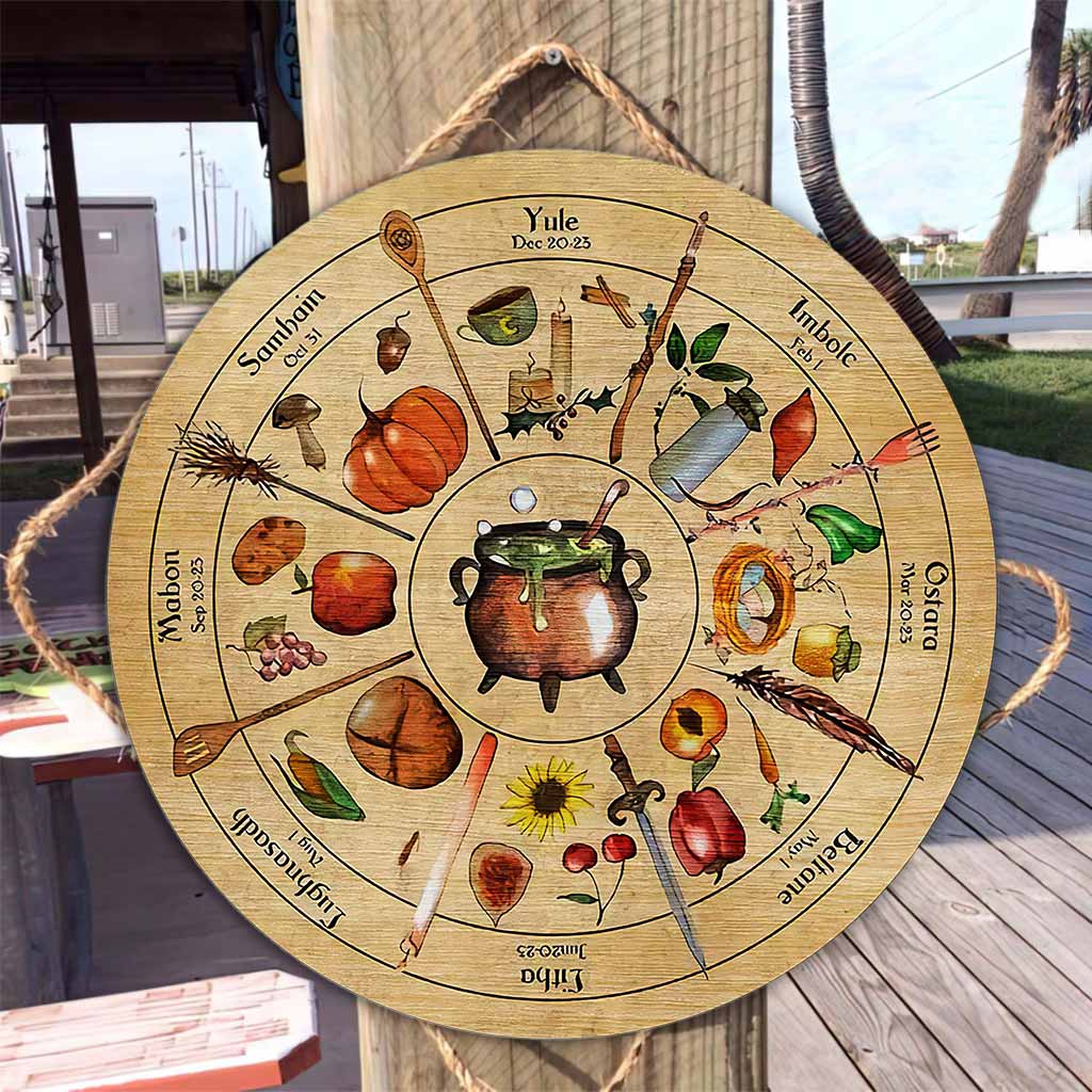 Wheel Of The Year - Witch Round Wood Sign