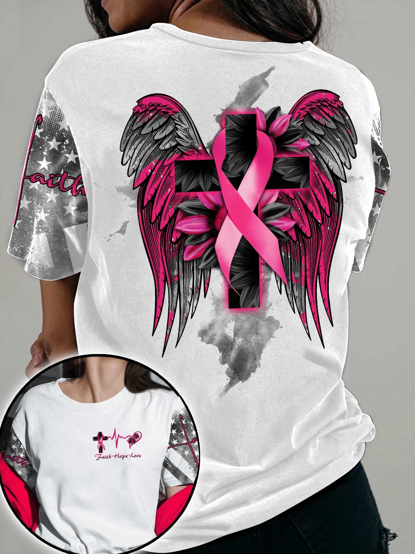 White Faith Cross Wing Breast Cancer - Breast Cancer Awareness All Over T-shirt and Hoodie 0822