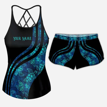Blue Sea Turtle - Personalized Cross Tank Top and Women Shorts