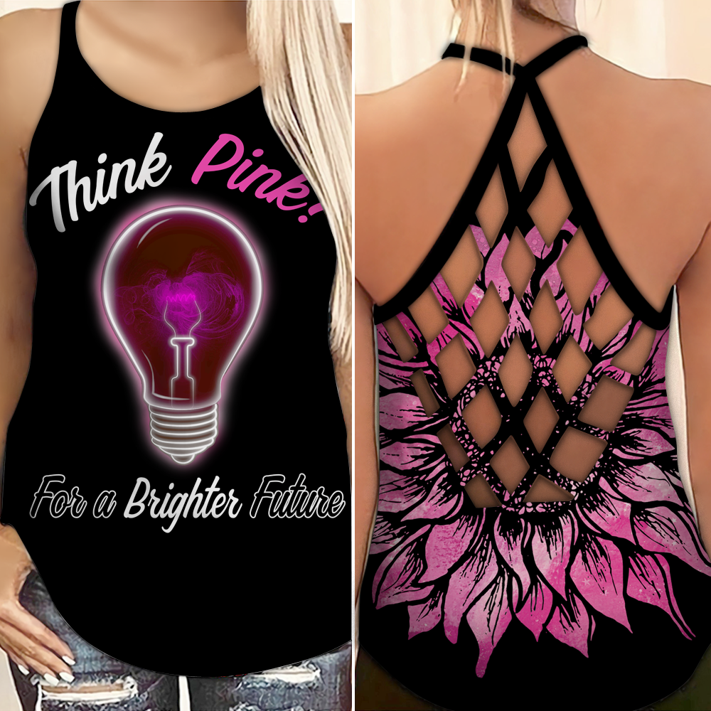 Think Pink For A Brighter Future - Breast Cancer Awareness Cross Tank Top 0722
