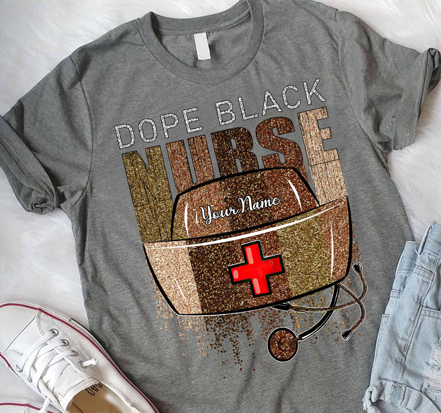 Dope Black Nurse - Personalized T-shirt and Hoodie With Faux Glitter Pattern Print