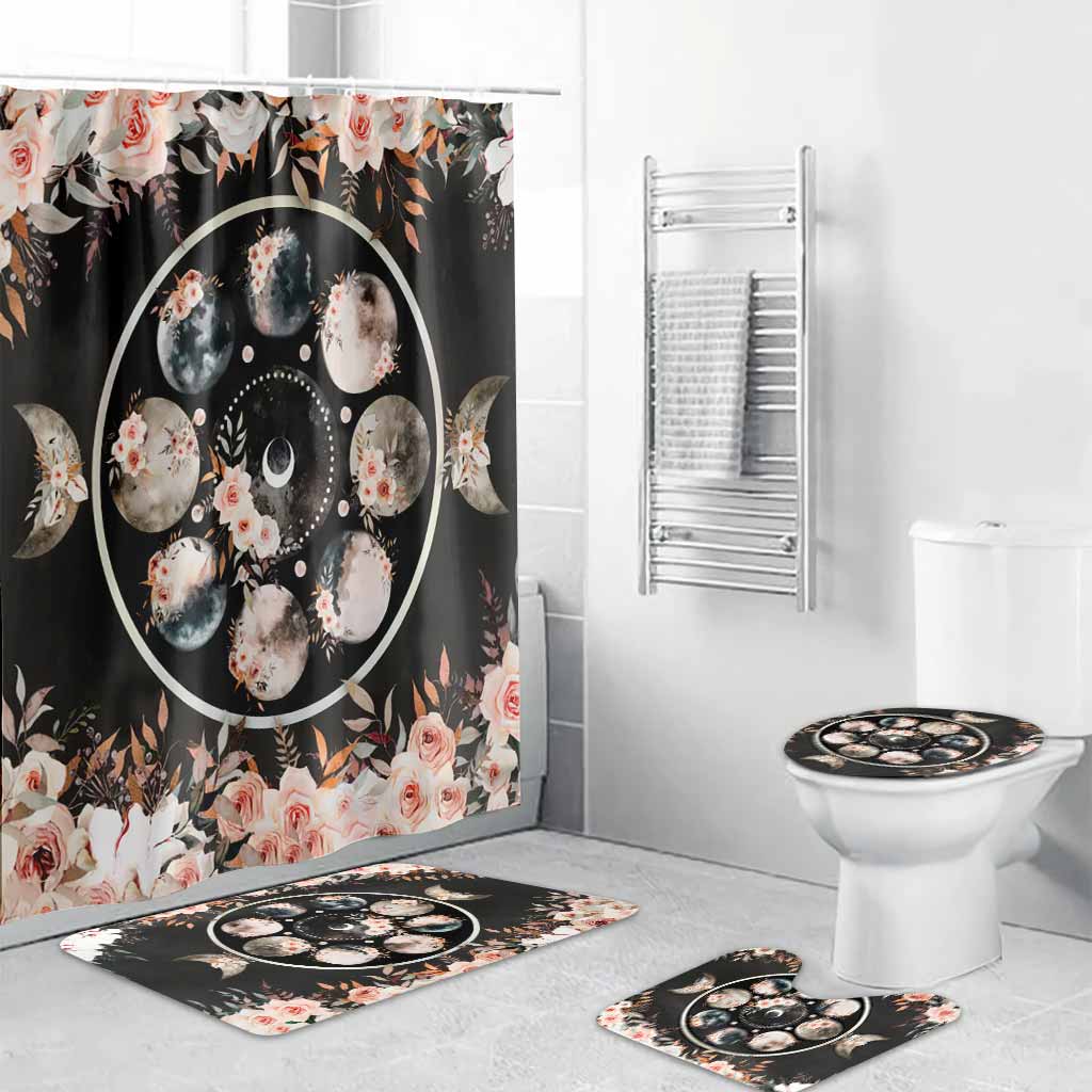 Floral Moon Triple Moon Goddess - Witch Bathroom Curtain & Mats Set