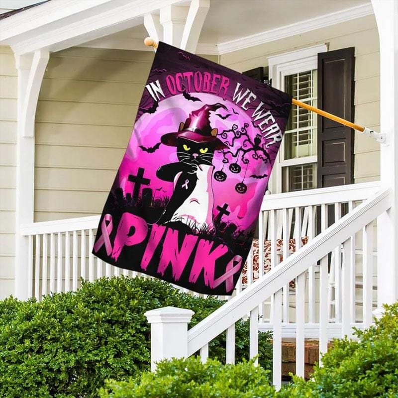 In October We Wear Pink Halloween Cat Ribbon - Breast Cancer Awareness House Flag 0822