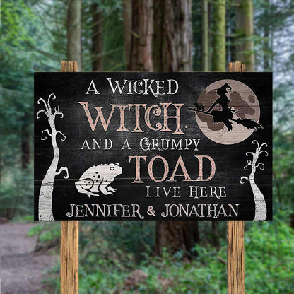 Wicked Witch Grumpy Toad Live Here - Personalized Witch Horizontal Rectangle Wood Sign