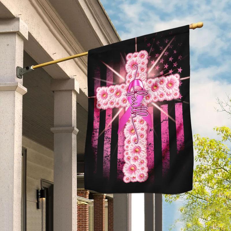 Faith Pink Ribbon Cross American Flag - Breast Cancer Awareness House Flag 0822