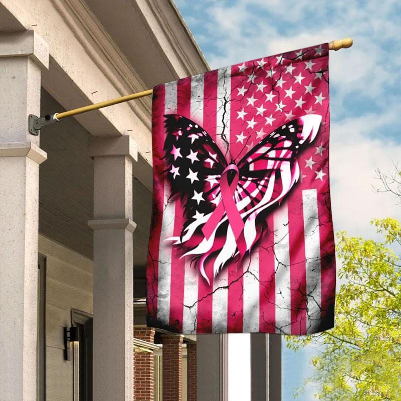 Pink Ribbon Butterfly American Flag - Breast Cancer Awareness House Flag 0822