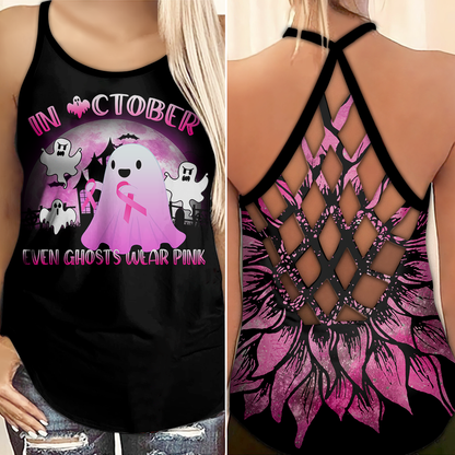 In October Even Ghosts Wear Pink - Breast Cancer Awareness Cross Tank Top 0722