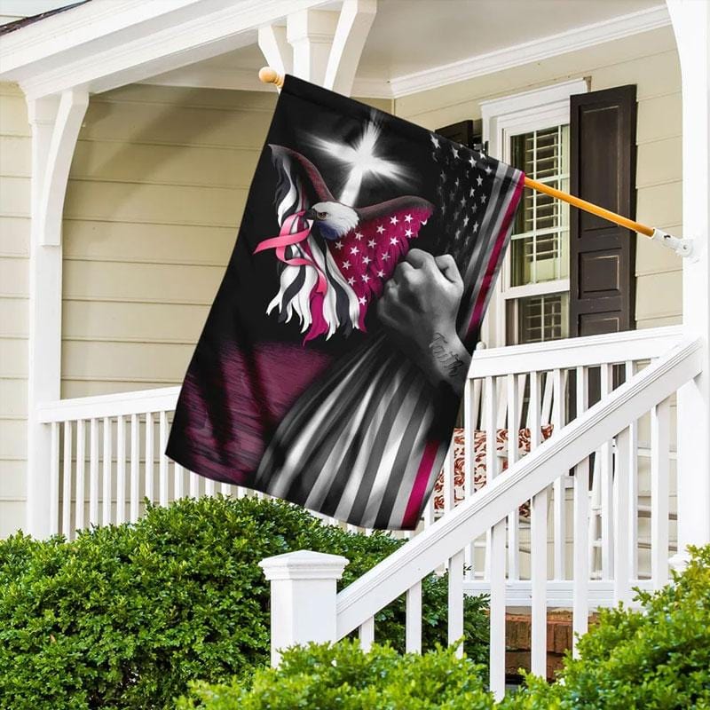 Pink Ribbon Eagle Cross American Flag - Breast Cancer Awareness House Flag 0822