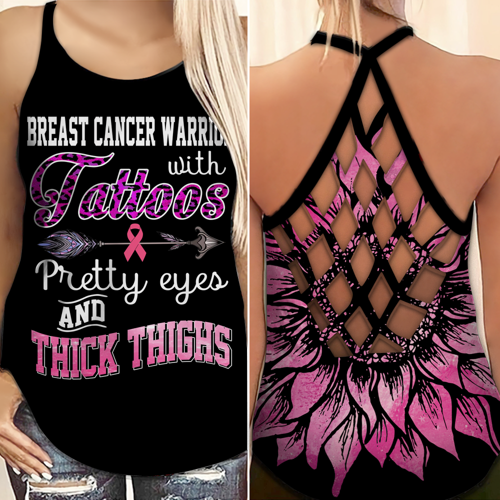 Breast Cancer Warrior With Tattoos - Breast Cancer Awareness Cross Tank Top 0722