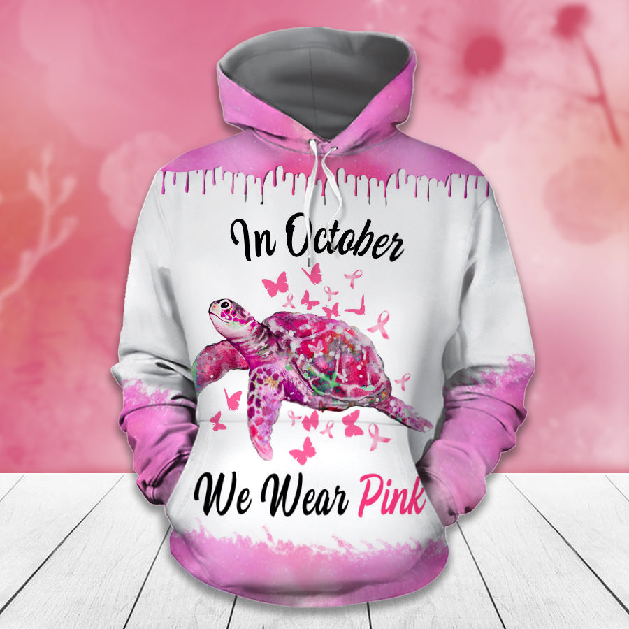 Sea Turtle In October We Wear Pink - Breast Cancer Awareness All Over T-shirt and Hoodie 0822