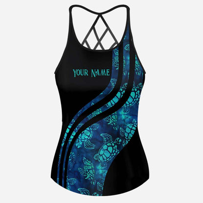 Blue Sea Turtle - Personalized Cross Tank Top and Women Shorts