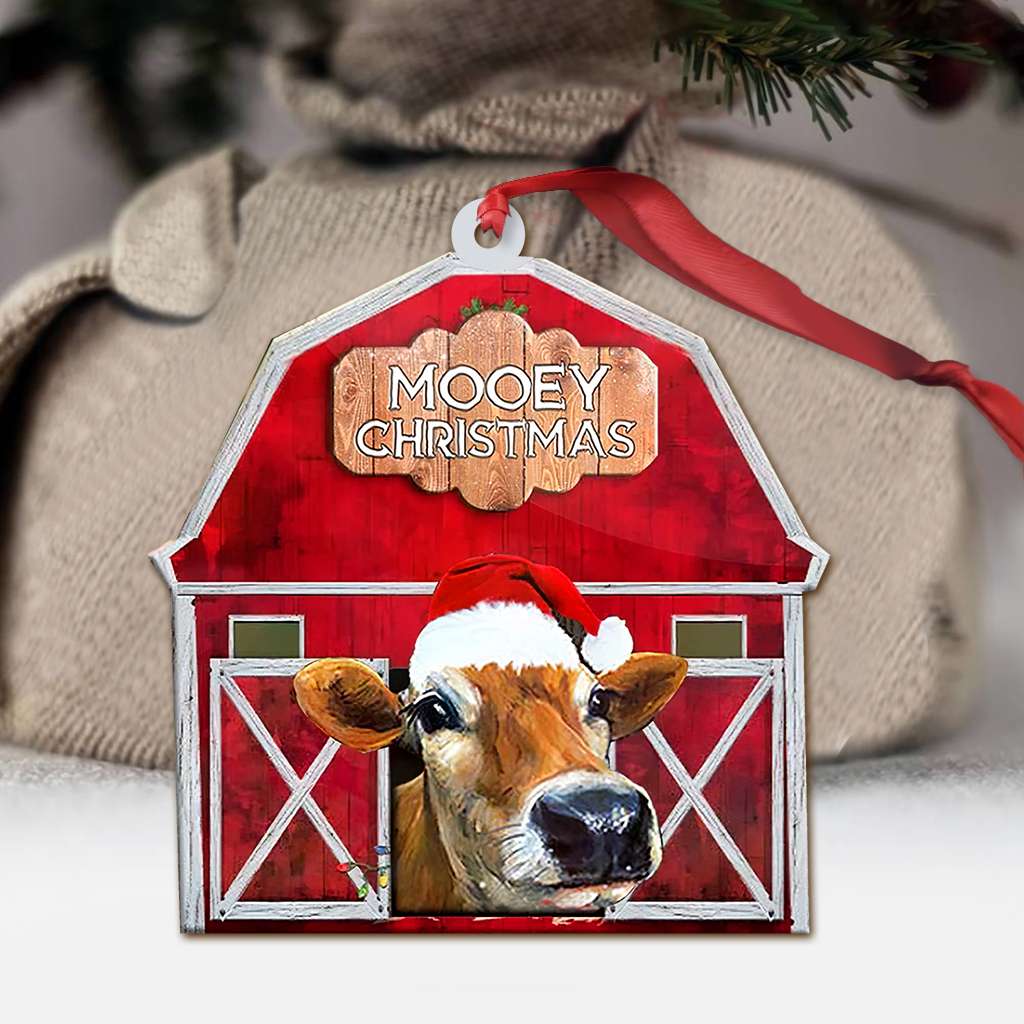 Mooey Christmas Cow In Red Barn - Cow Ornament (Printed On Both Sides) 1122