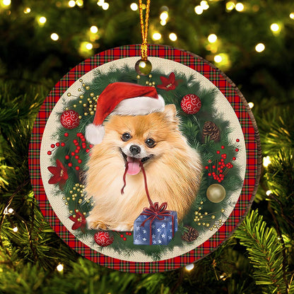 Pomeranian Red Christmas Wreath - Dog Ornament (Printed On Both Sides) 1122