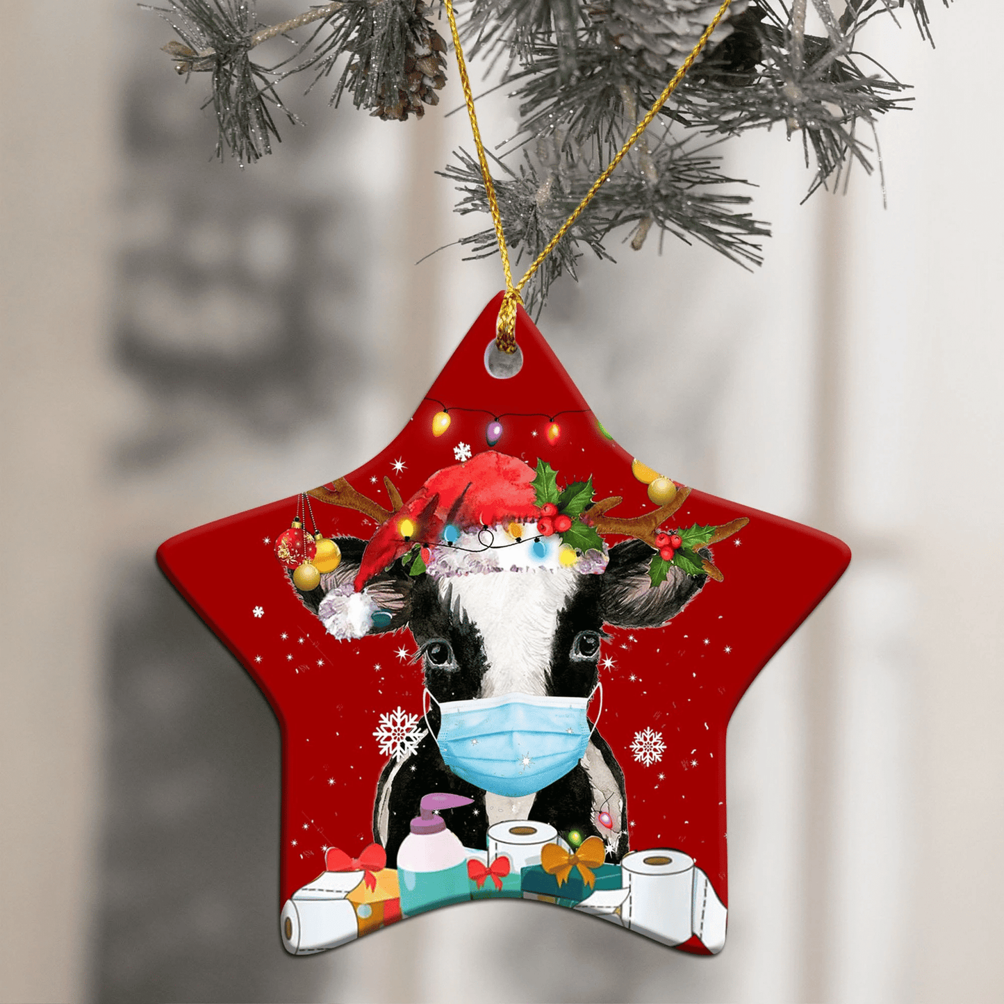 Cow With Mask - Cow Ornament (Printed On Both Sides) 1122