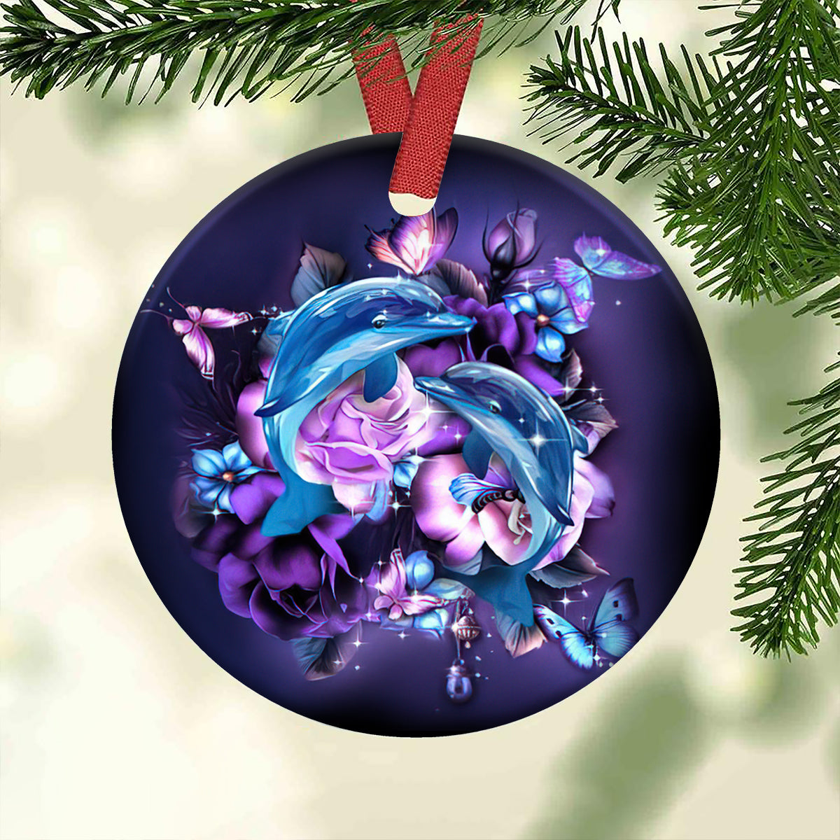 Dolphin Purple Magical Floral - Dolphin Ornament (Printed On Both Sides) 1122