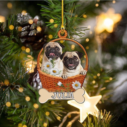 Pugs In Basket Dog Mom - Personalized Dog Ornament (Printed On Both Sides) 1122