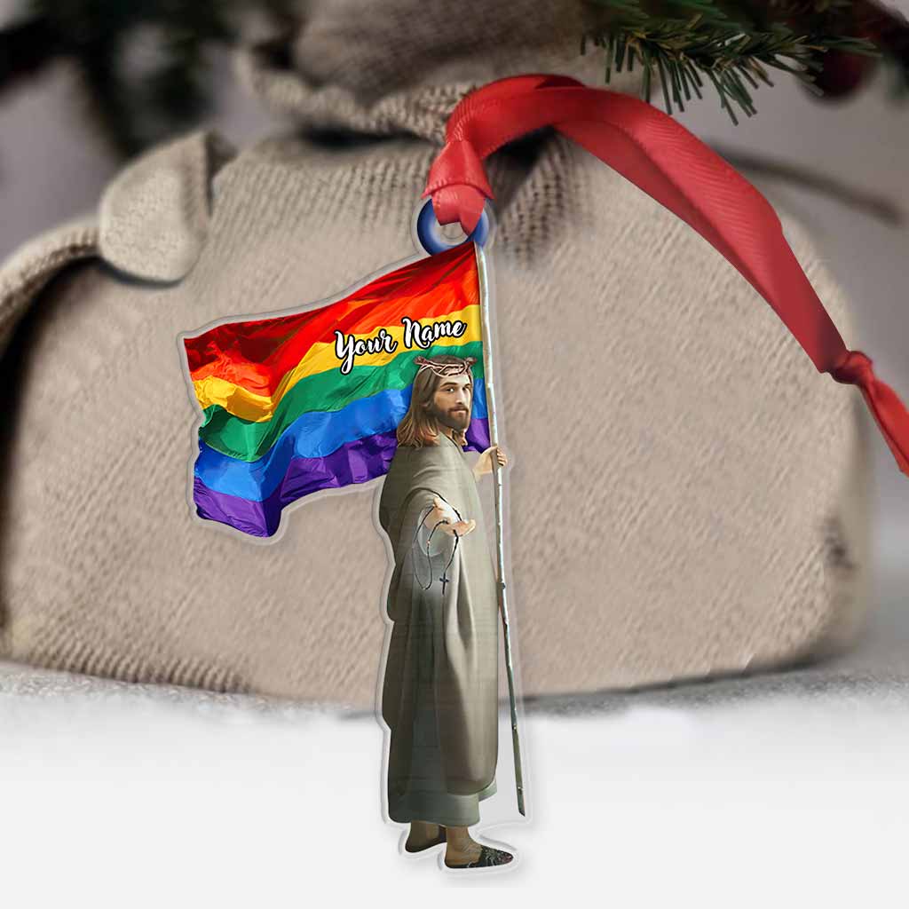 Jesus Holding Rainbow Flag - Personalized Christmas LGBT Support Transparent Ornament