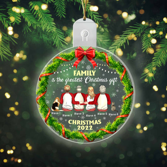 Family Is The Greatest Christmas Gift - Personalized Christmas Family Round Led Acrylic Ornament