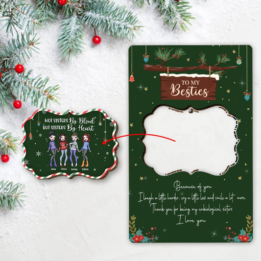 Not Sister By Blood But Sister By Heart - Personalized Christmas Bestie Wooden Card Pop Out Ornament