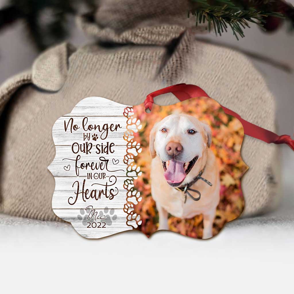 No Longer By Our Side But Forever In Our Hearts - Personalized Christmas Dog Ornament (Printed On Both Sides)