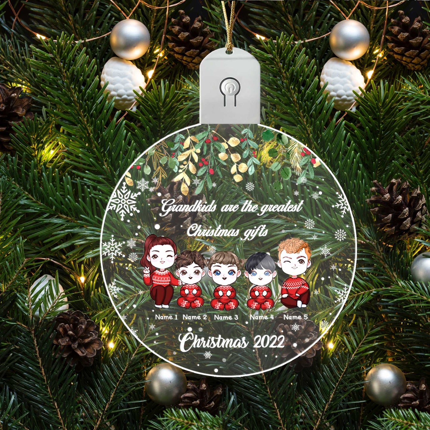 Grandkids Are The Greatest Christmas Gift - Personalized Grandma Round Led Acrylic Ornament
