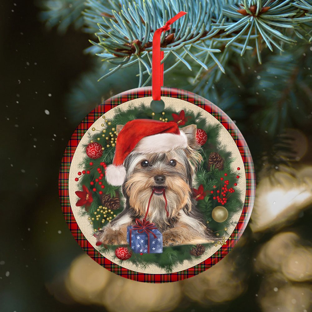 Yorkies Red Christmas Wreath - Dog Ornament (Printed On Both Sides) 1122