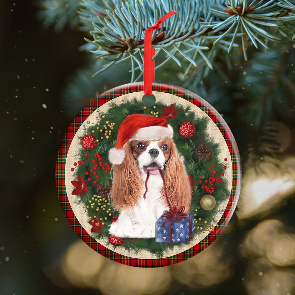 Cavalier King Charles Spaniel Red Christmas Wreath - Dog Ornament (Printed On Both Sides) 1122