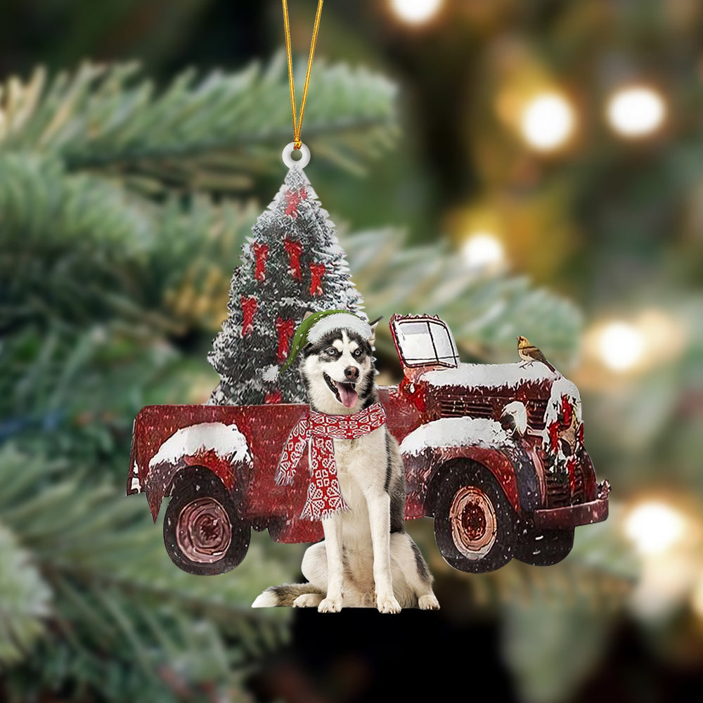 Husky Red Truck - Dog Ornament (Printed On Both Sides) 1022