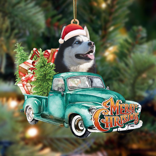 Husky Green Truck Merry Christmas - Dog Ornament (Printed On Both Sides) 1022