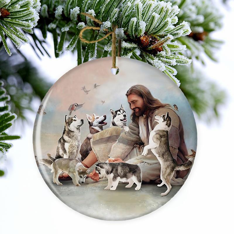 Jesus Surrounded By Huskies - Dog Ornament (Printed On Both Sides) 1022