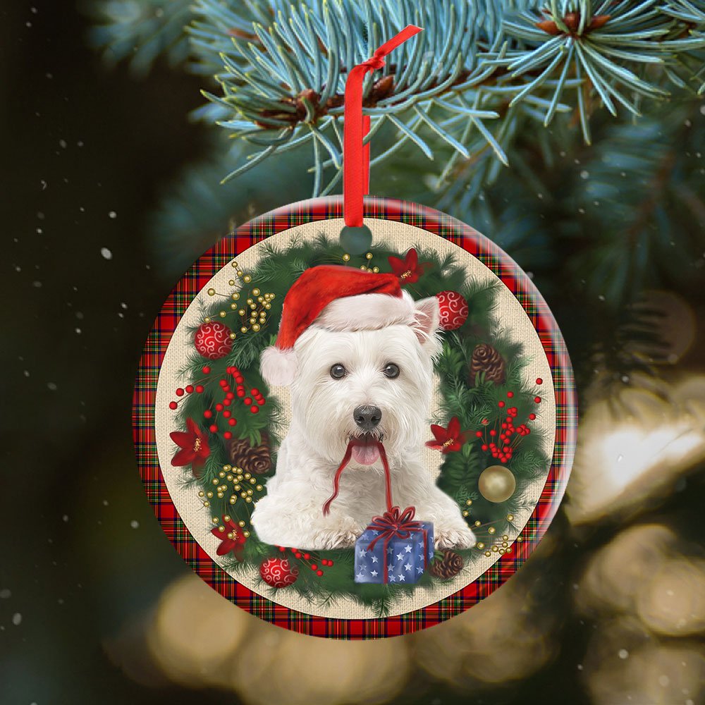 Maltese Red Christmas Wreath - Dog Ornament (Printed On Both Sides) 1122